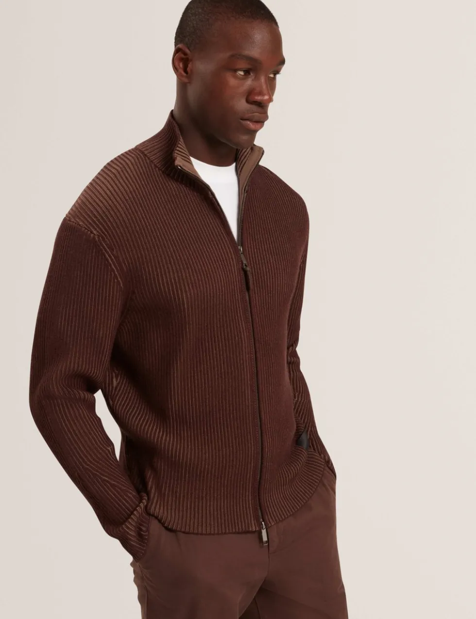 Textured Funnel Neck Knitted Jacket
