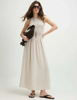 Textured Midi Shirred Dress with Linen