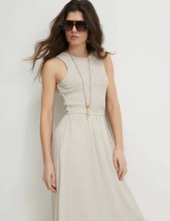 Textured Midi Shirred Dress with Linen