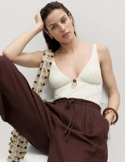 Textured Padded Bead Detail Plunge Swimsuit