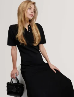 Textured Polo Collar Midaxi Shirt Dress