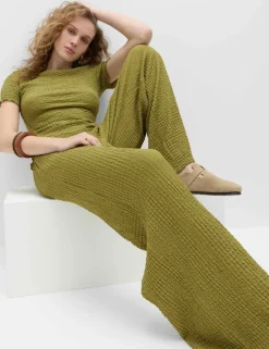 Textured Pull On Wide Leg Trousers
