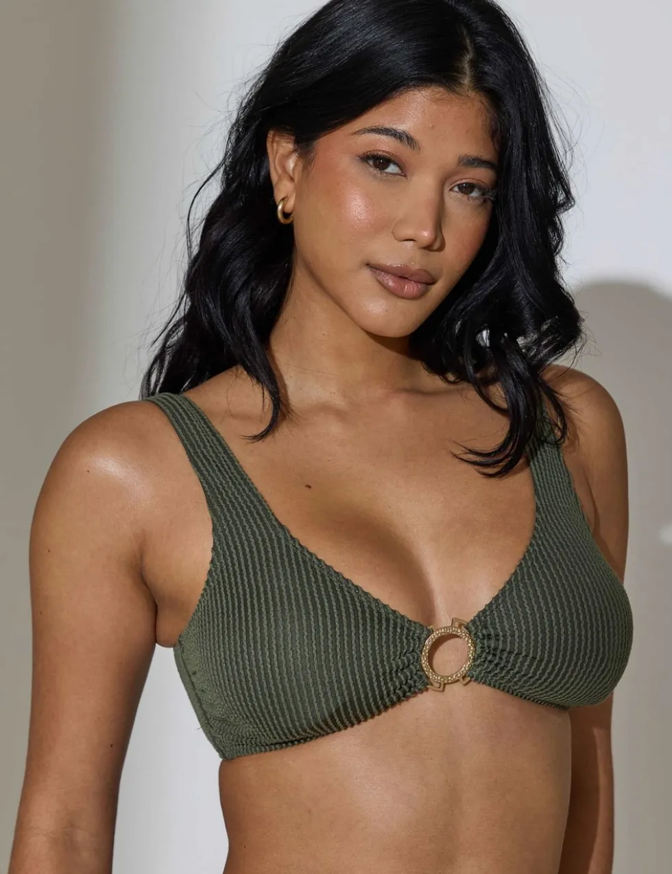 Textured Ring Detail V-Neck Bikini Top