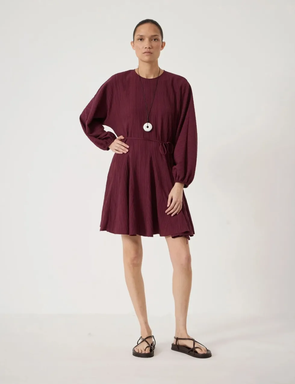 Textured Round Neck Mini Waisted Dress