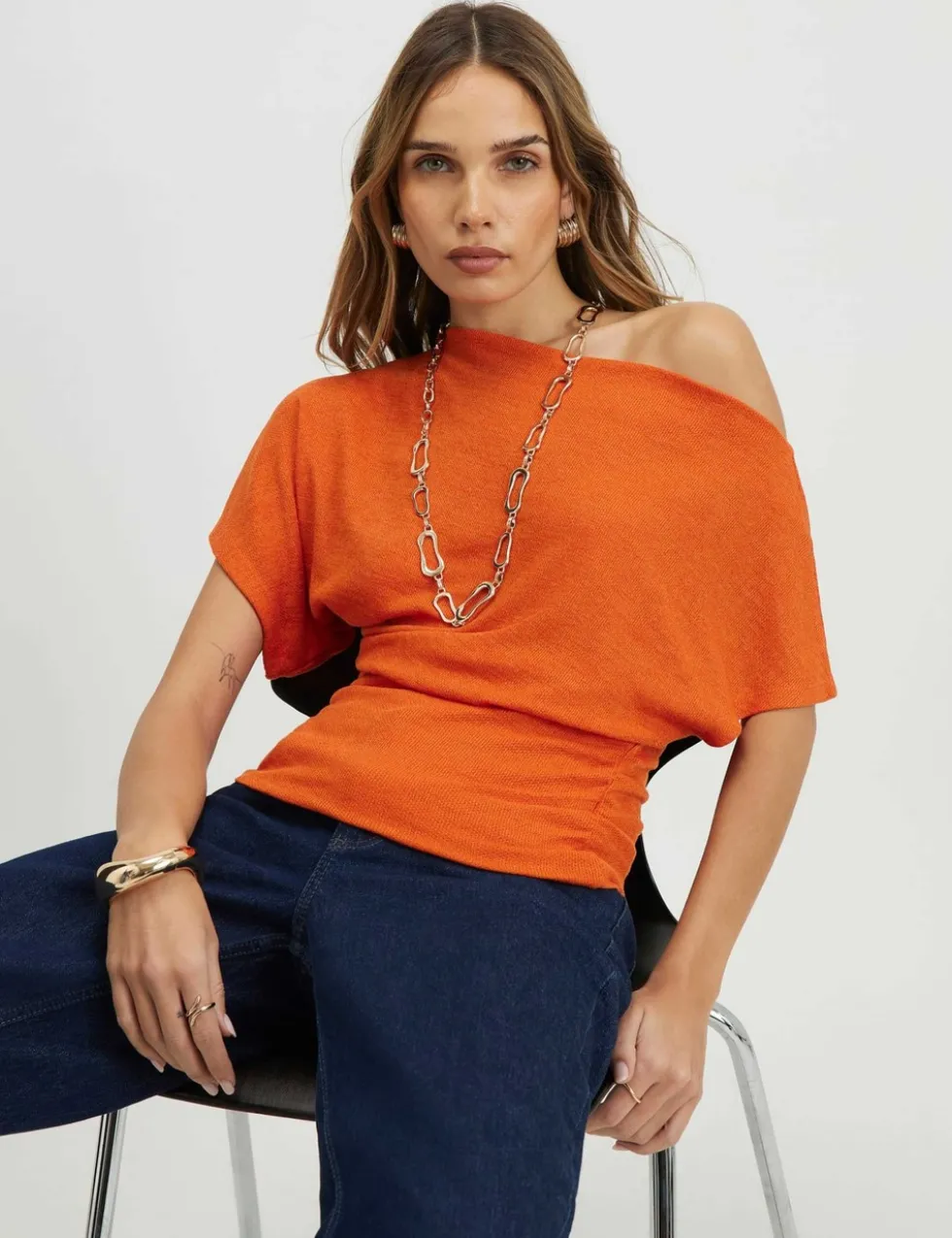 Textured Slash Neck Off The Shoulder Top
