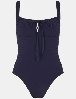 Textured Square Neck Tie Detail Swimsuit