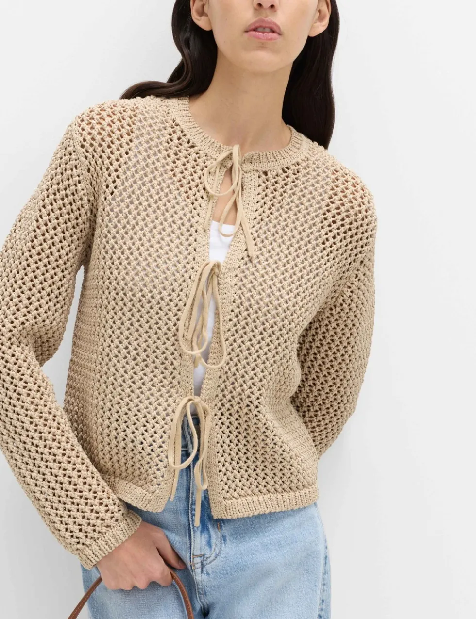 Textured Tie Front Slim Fit Cropped Cardigan