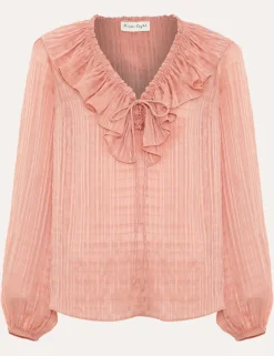 Textured Tie Neck Ruffle Blouse