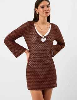 Textured V-Neck Ring Front Mini Beach Dress