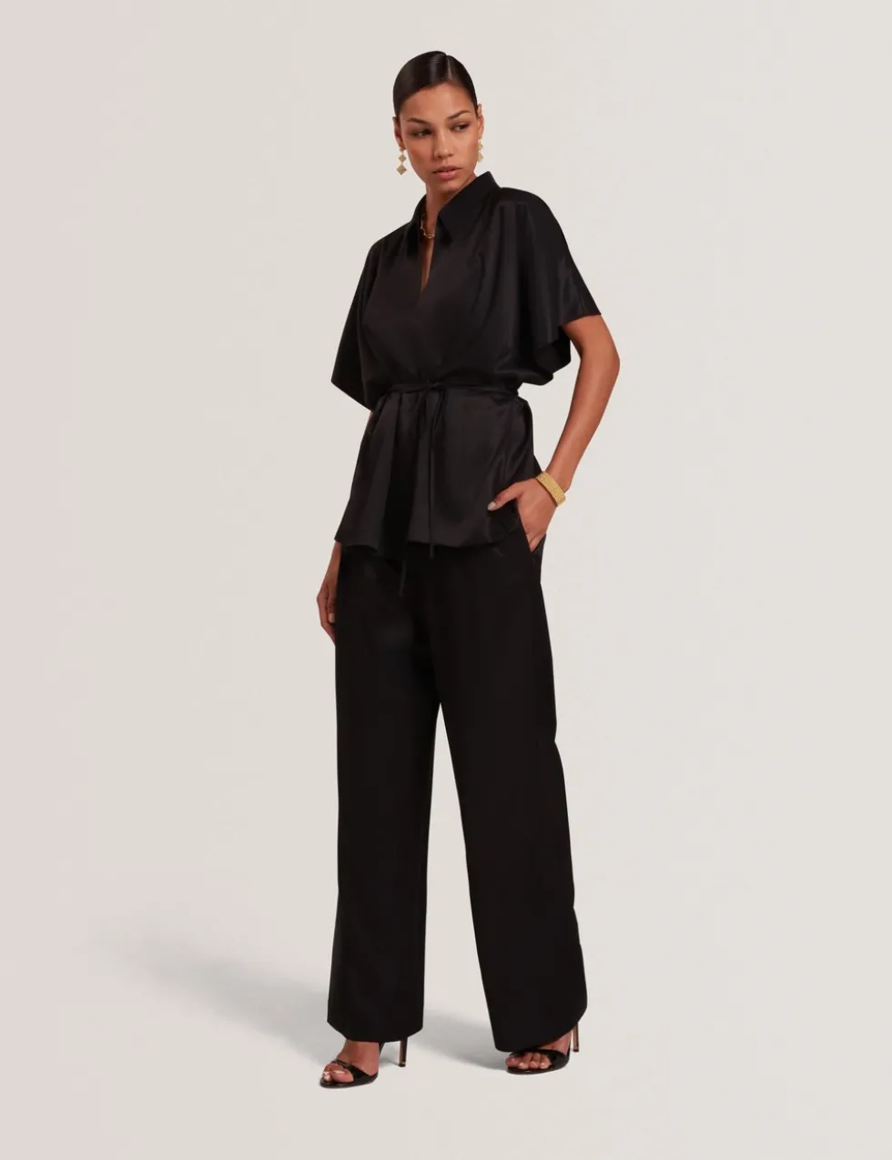 Tie Detail Collared Batwing Blouse