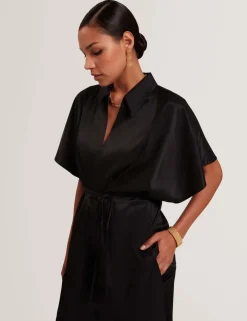 Tie Detail Collared Batwing Blouse