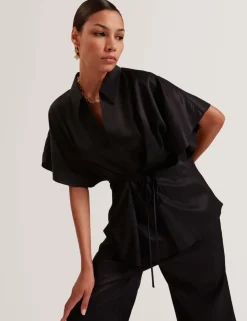 Tie Detail Collared Batwing Blouse