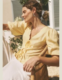 Tie Front Puff Sleeve Top with Linen