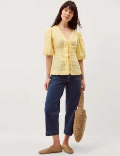 Tie Front Puff Sleeve Top with Linen