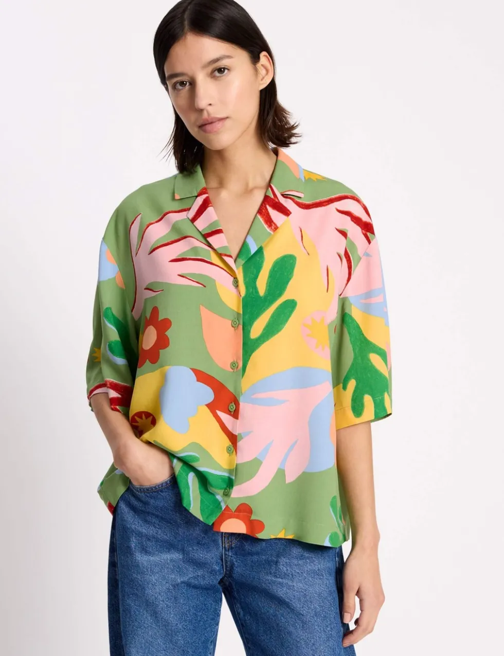 Tropical Print Collared Shirt