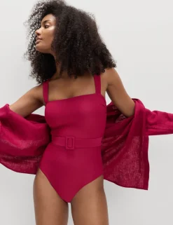 Tummy Control Honey Comb Textured Belted Swimsuit