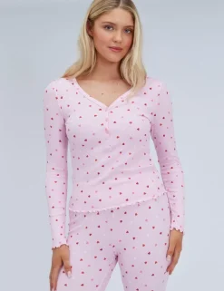 Valentines Ribbed Heart Print Henley Pyjama Set