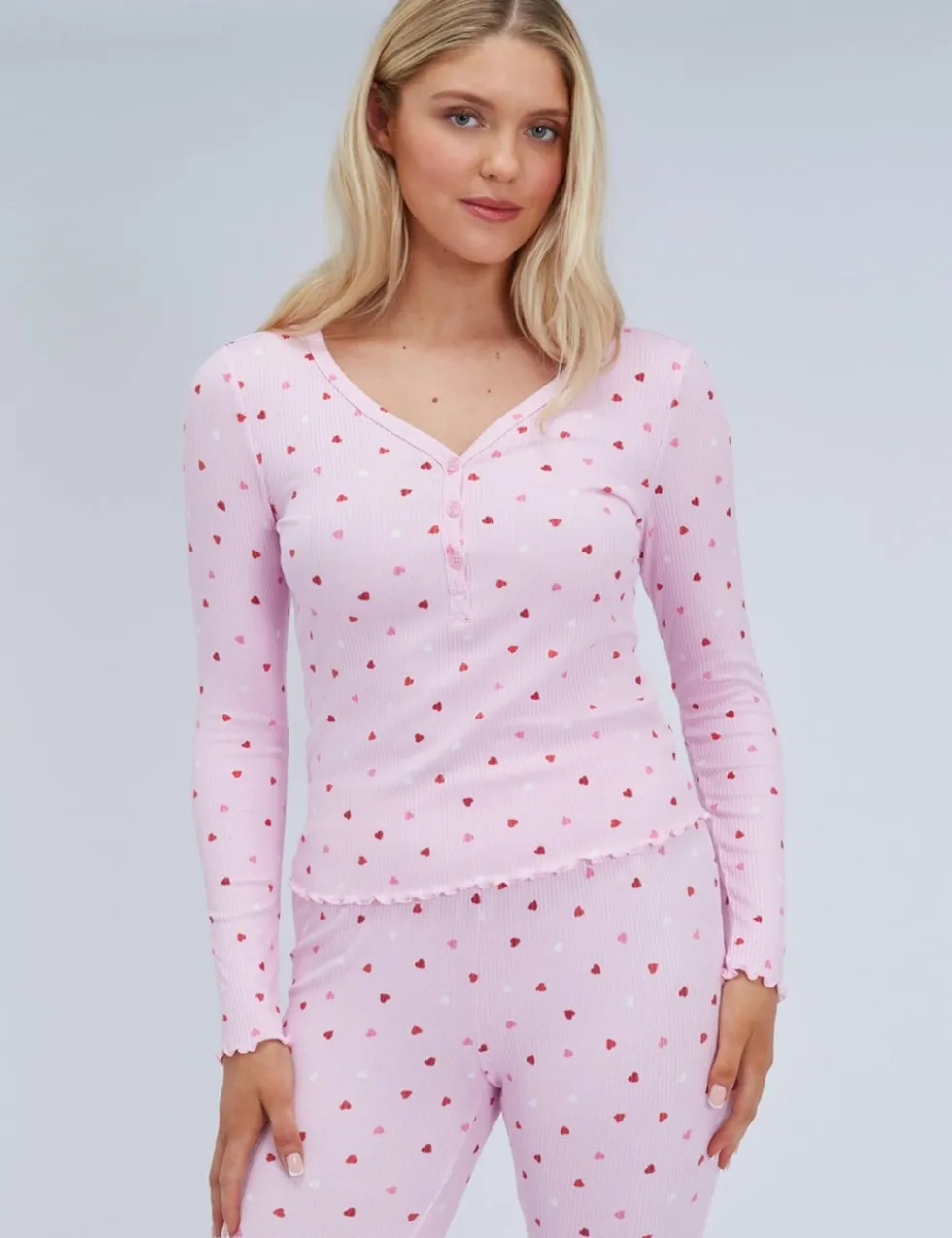 Valentines Ribbed Heart Print Henley Pyjama Set