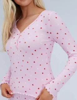 Valentines Ribbed Heart Print Henley Pyjama Set