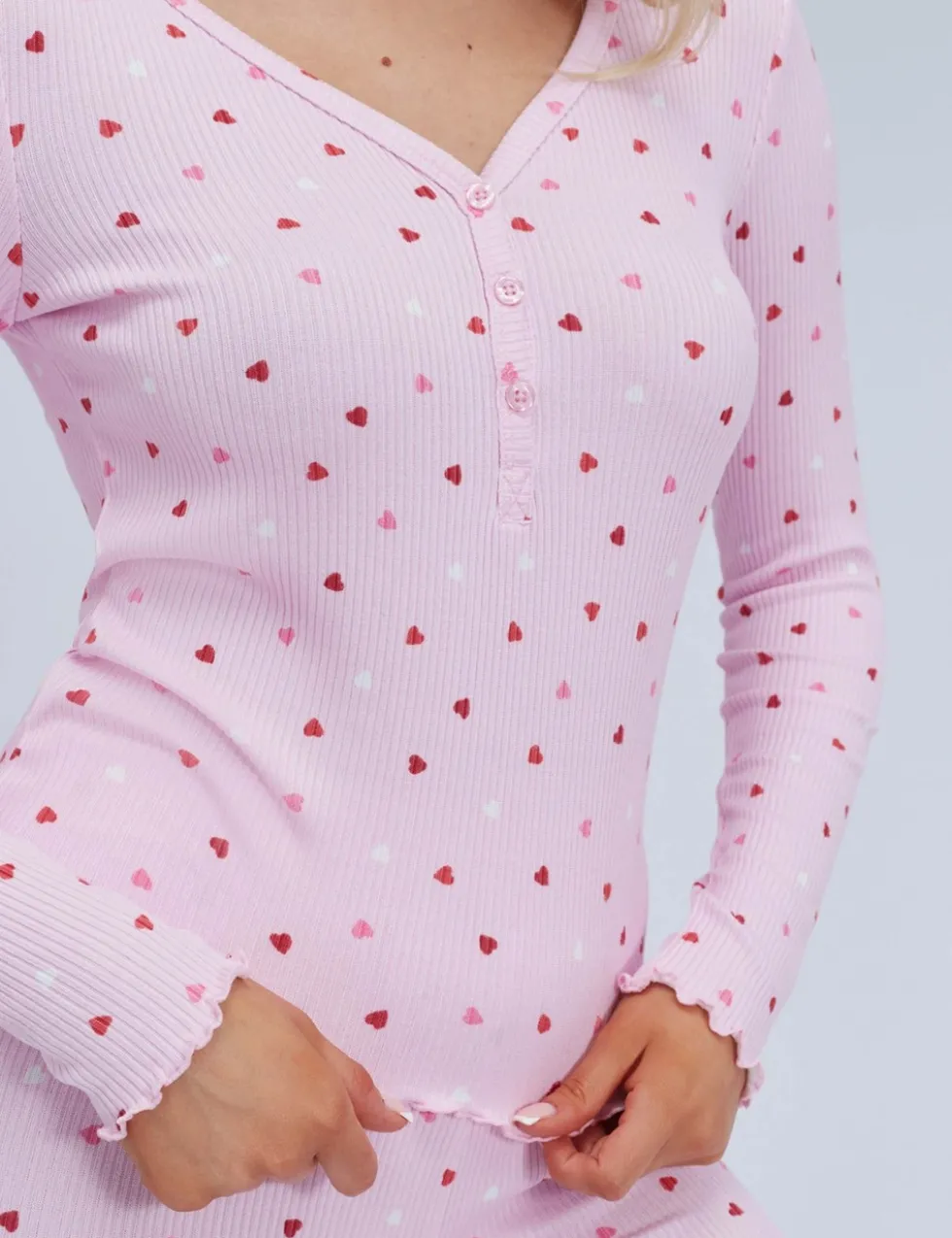Valentines Ribbed Heart Print Henley Pyjama Set