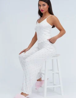 Valentines Ribbed Heart Print Lace Trim Pyjama Set