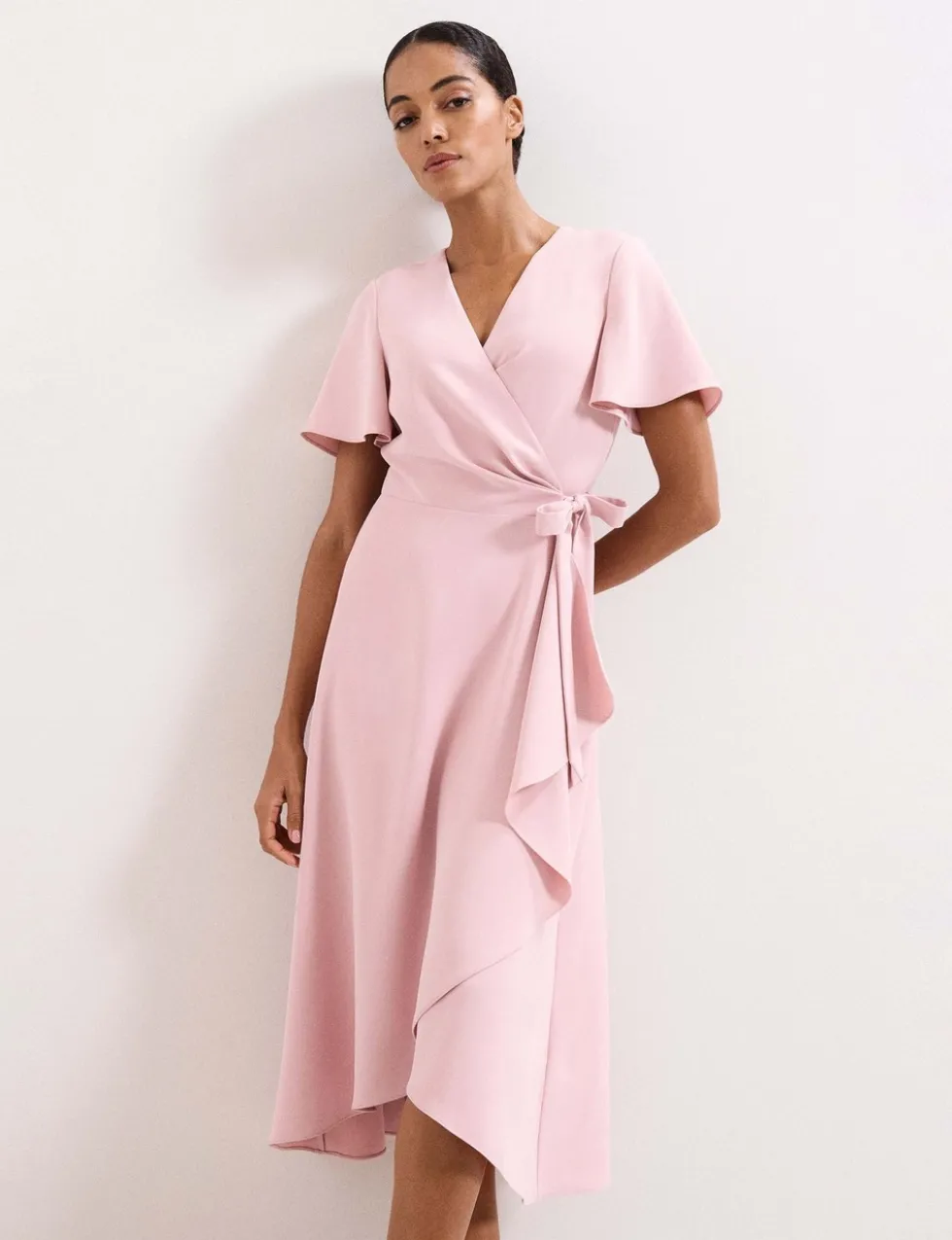 V-Neck Angel Sleeve Midi Wrap Dress
