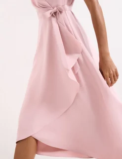 V-Neck Angel Sleeve Midi Wrap Dress