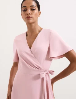 V-Neck Angel Sleeve Midi Wrap Dress