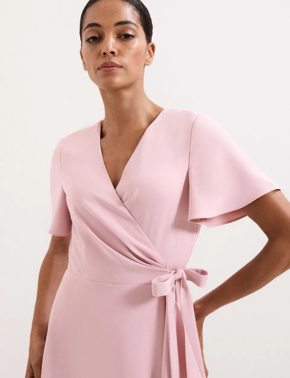 V-Neck Angel Sleeve Midi Wrap Dress