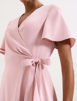 V-Neck Angel Sleeve Midi Wrap Dress