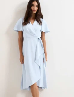 V-Neck Angel Sleeve Midi Wrap Dress