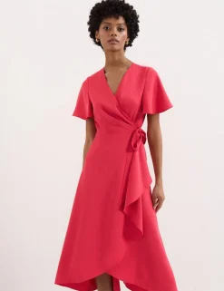 V-Neck Angel Sleeve Midi Wrap Dress