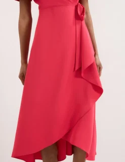 V-Neck Angel Sleeve Midi Wrap Dress