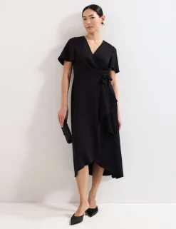 V-Neck Angel Sleeve Midi Wrap Dress