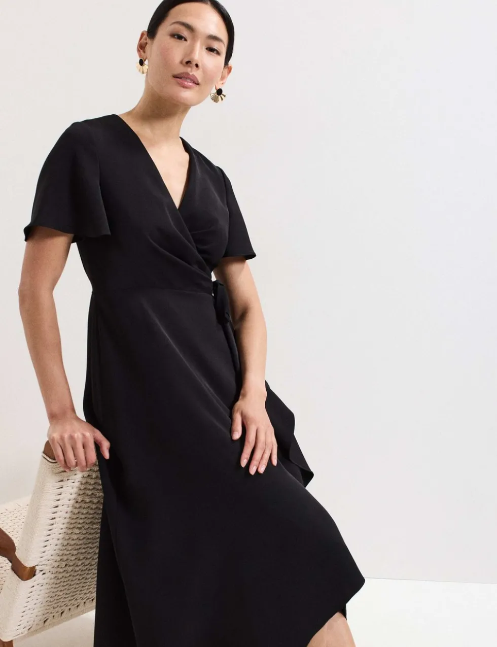 V-Neck Angel Sleeve Midi Wrap Dress