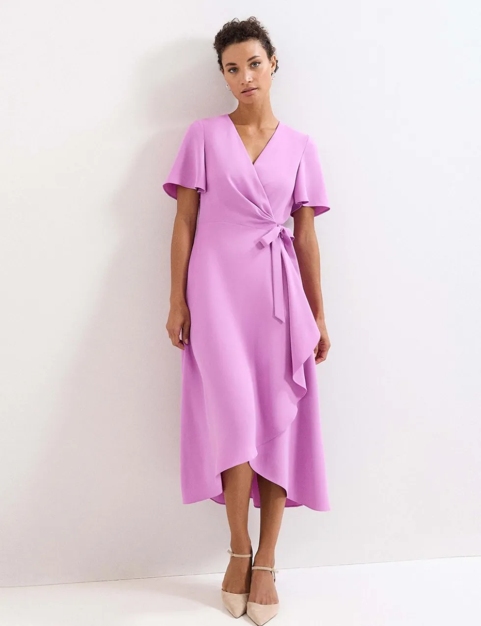 V-Neck Angel Sleeve Midi Wrap Dress