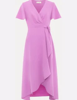 V-Neck Angel Sleeve Midi Wrap Dress