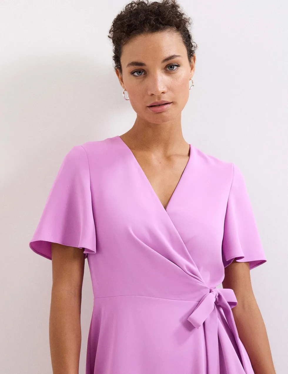 V-Neck Angel Sleeve Midi Wrap Dress