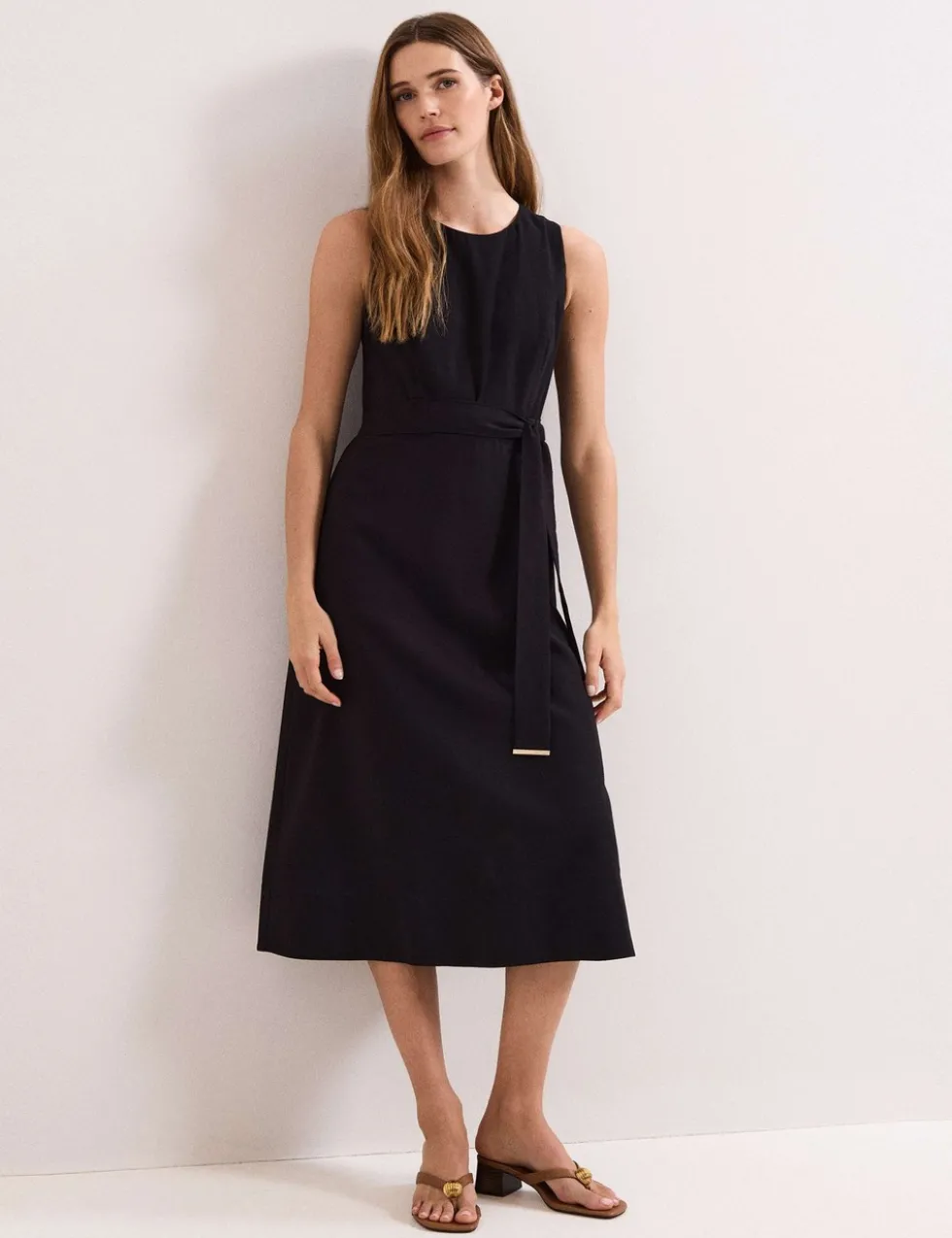 V-Neck Belted Midi Swing Dress