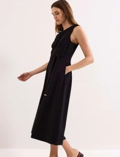 V-Neck Belted Midi Swing Dress