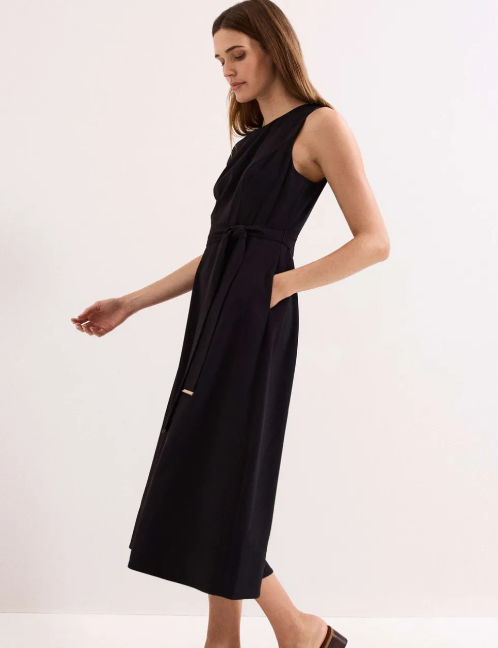 V-Neck Belted Midi Swing Dress
