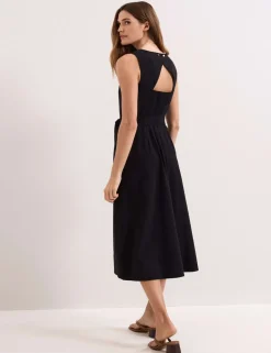 V-Neck Belted Midi Swing Dress