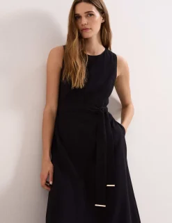 V-Neck Belted Midi Swing Dress