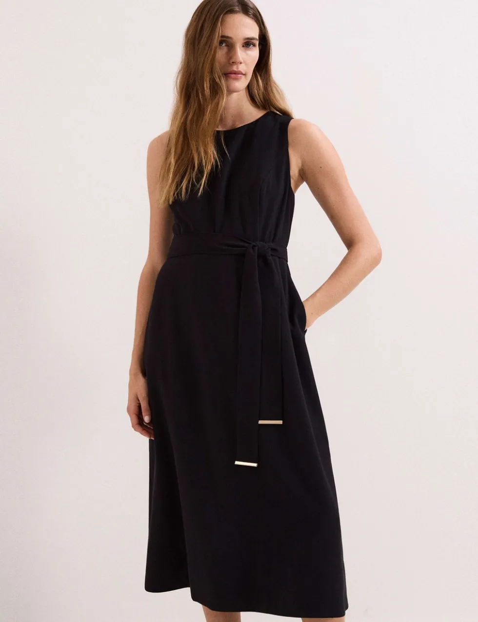 V-Neck Belted Midi Swing Dress
