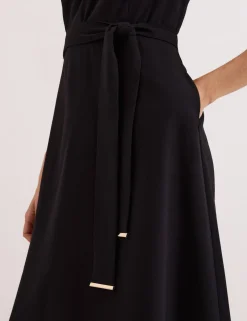 V-Neck Belted Midi Swing Dress