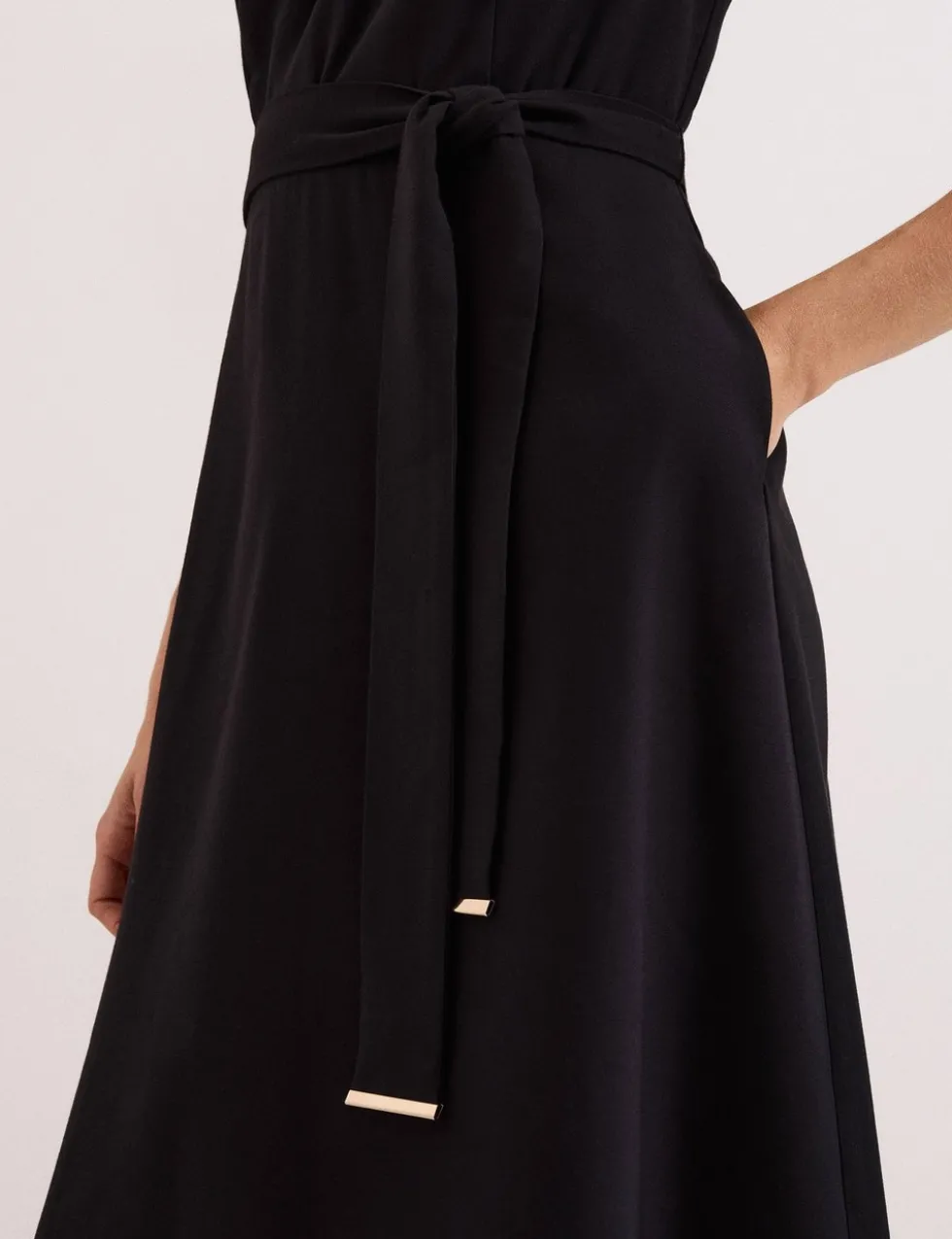 V-Neck Belted Midi Swing Dress