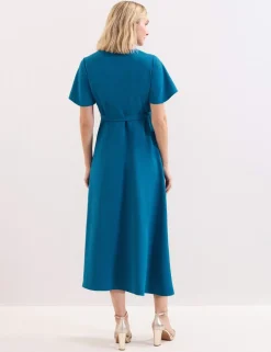 V-Neck Belted Midi Wrap Dress