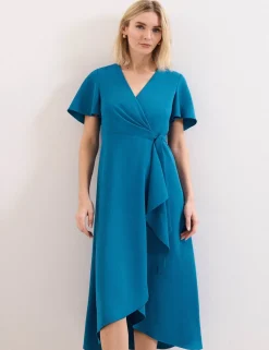 V-Neck Belted Midi Wrap Dress