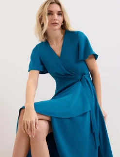 V-Neck Belted Midi Wrap Dress