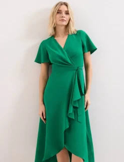 V-Neck Belted Midi Wrap Dress